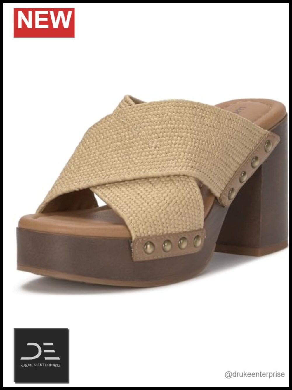 Casyna Cross Strap Studded Heel Sandals Woven Straw Block Heel